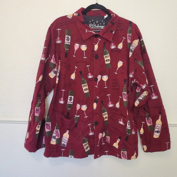 PJ Salvage Other - PJ Salvage Women's L Wine Bottle Glass Print Flannel Pajama Top Sleepwear Button